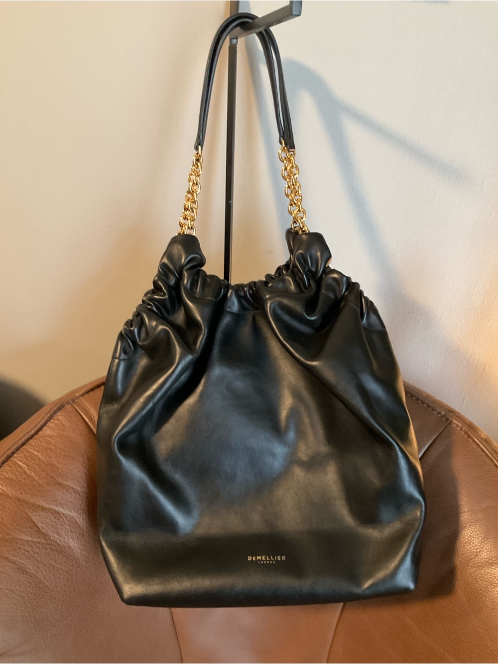 DeMellier Black Leather Ruched Shoulder Bag with Gold Chain